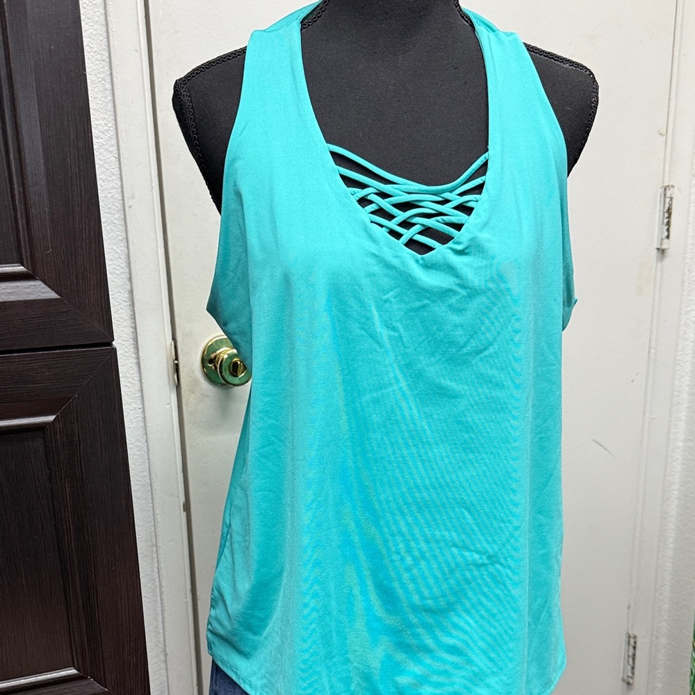 Women’s Strappy V-Neck Tank Top - Teal, Lucky in Love